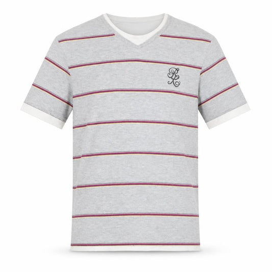 Parkes Men’s Grey Striped V-Neck T-Shirt Size L Short Sleeve Cotton Blend