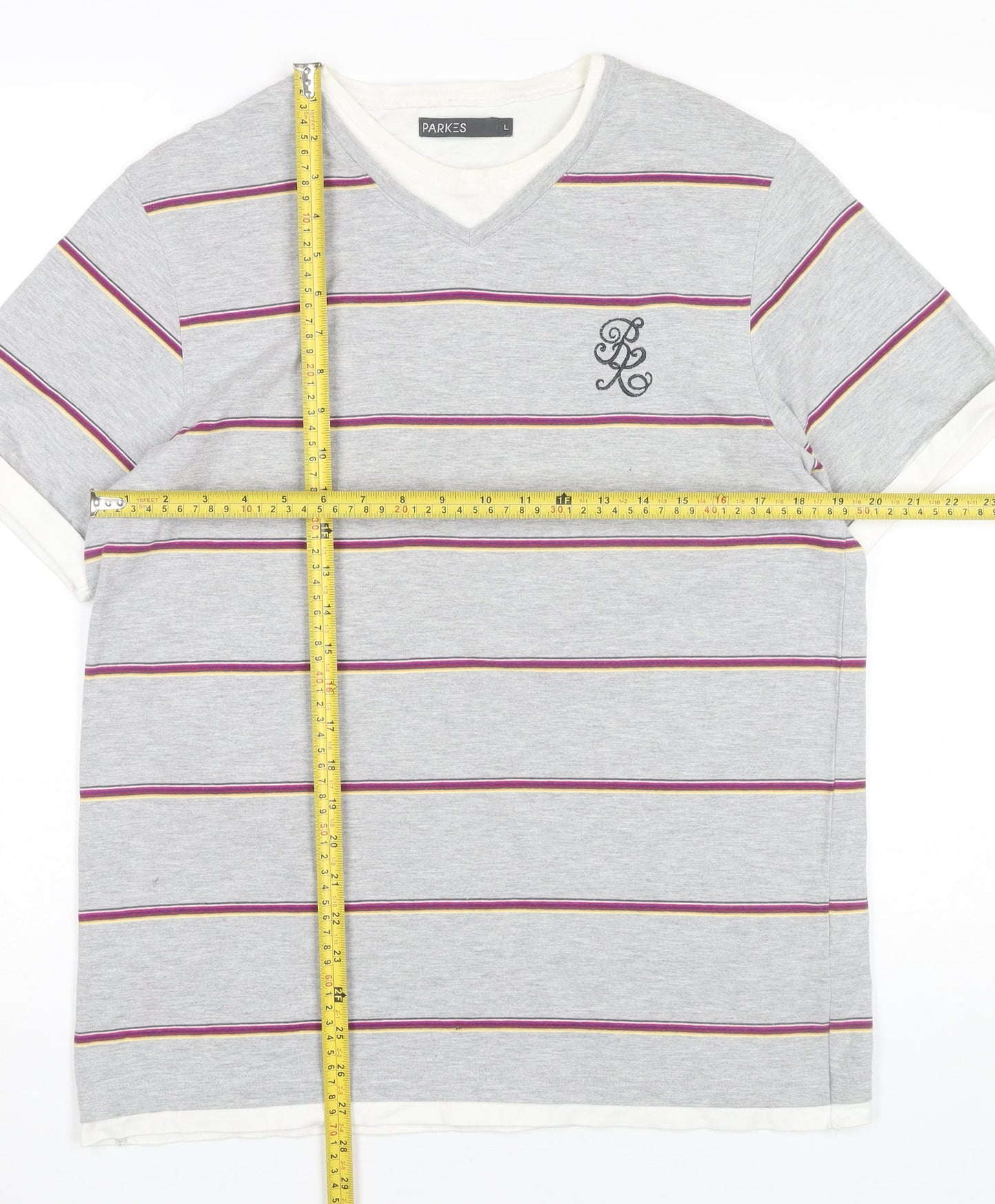 Parkes Men’s Grey Striped V-Neck T-Shirt Size L Short Sleeve Cotton Blend