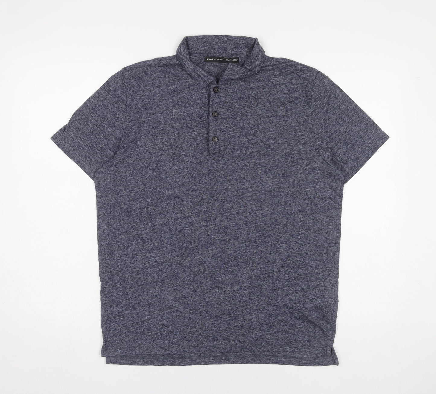 Zara Man Mens Blue Slim Fit Linen Blend Polo Shirt Size L