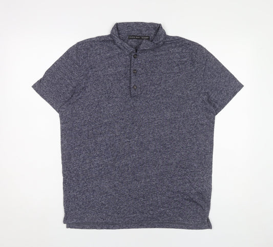 Zara Man Mens Blue Slim Fit Linen Blend Polo Shirt Size L