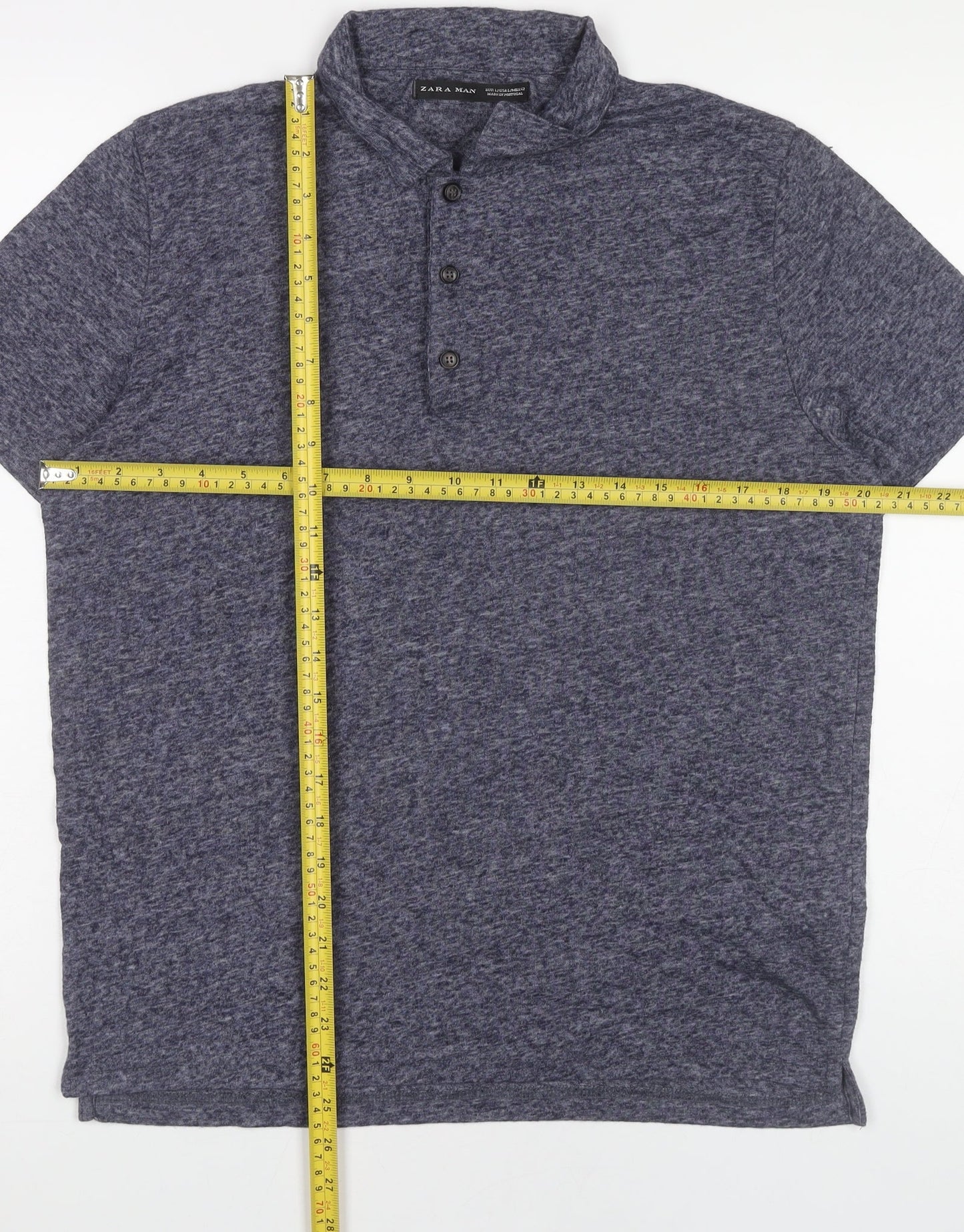 Zara Man Mens Blue Slim Fit Linen Blend Polo Shirt Size L