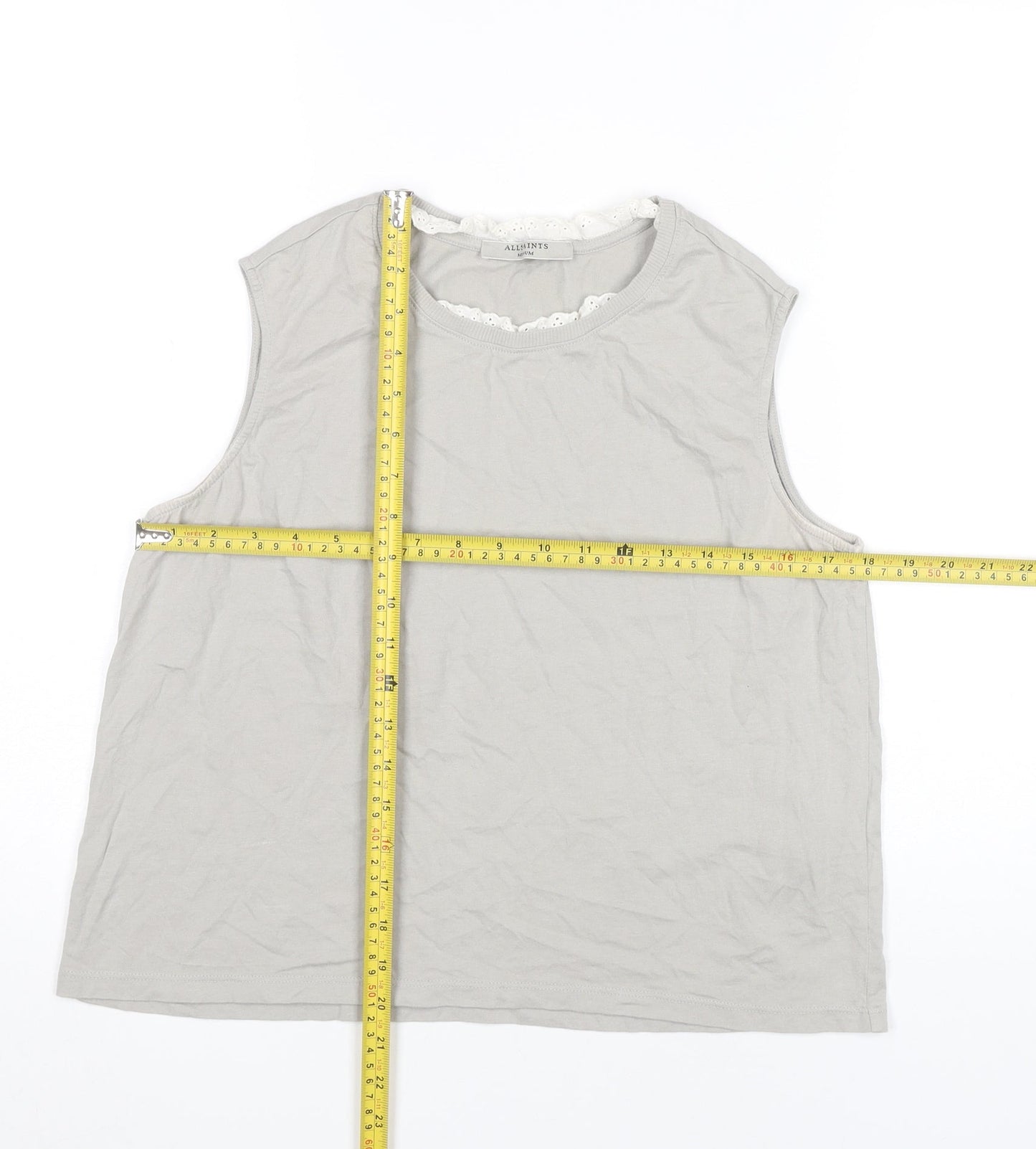 AllSaints Womens Grey Cotton Tank Top Size M Crew Neck Sleeveless