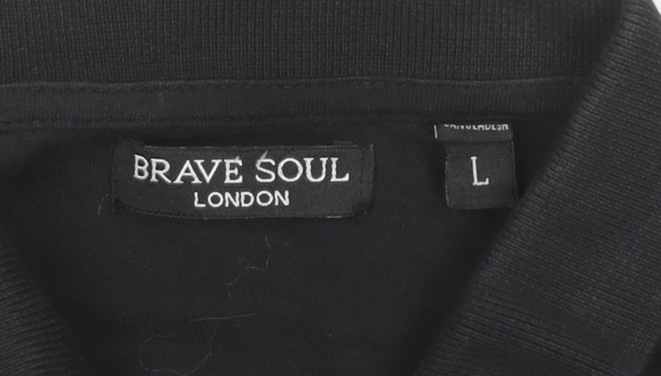 Brave Soul Men's Black Cotton Short Sleeve Polo Shirt Size L
