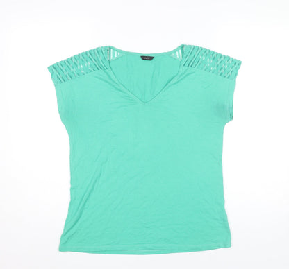 M&Co Women’s Green V-Neck Cut Out Shoulder T-Shirt Size 10