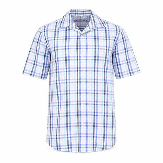 Front view of Maine New England Men's Blue Check Short Sleeve Cotton Shirt S