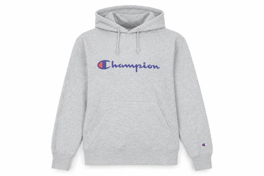 Front view of Champion unisex grey pullover hoodie large logo athletic sweatshirt