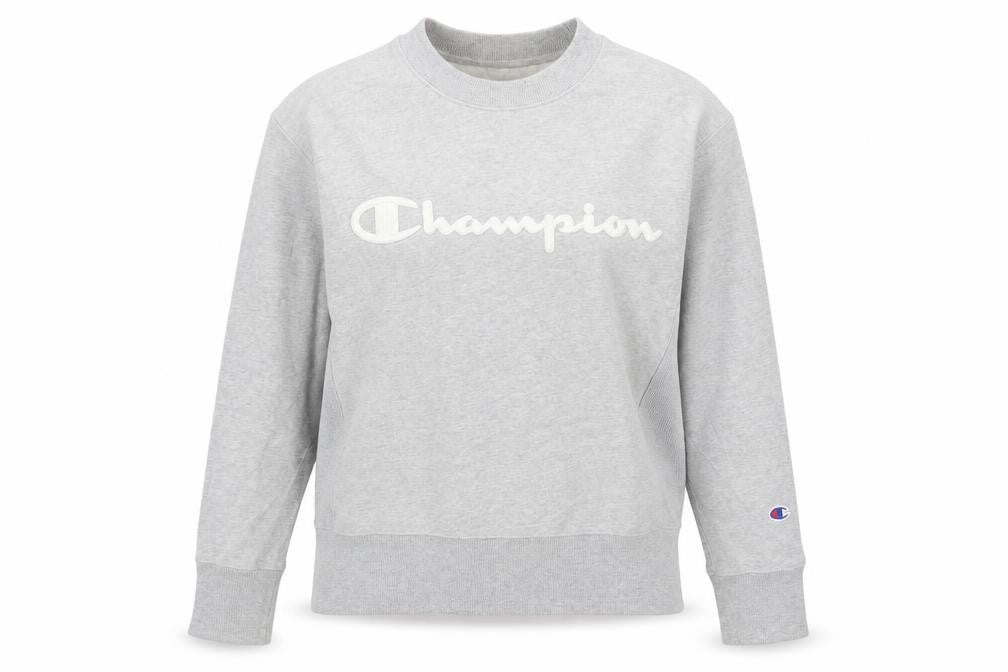Front view of Champion unisex grey medium reverse weave pullover sweatshirt