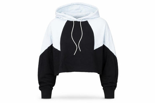 Front view of Adidas women’s black white pullover hoodie, size UK 8, colourblock logo