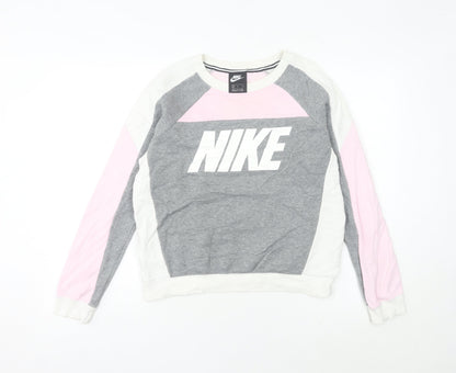 Nike Women’s Grey Pink Colourblock Sweatshirt Size 8 Logo Pullover