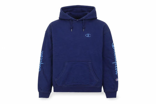 Front view of Champion unisex blue pullover hoodie medium cotton logo