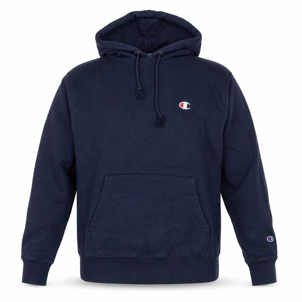 Front view of Champion unisex blue pullover hoodie medium logo sportswear