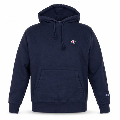 Front view of Champion unisex blue pullover hoodie medium logo sportswear