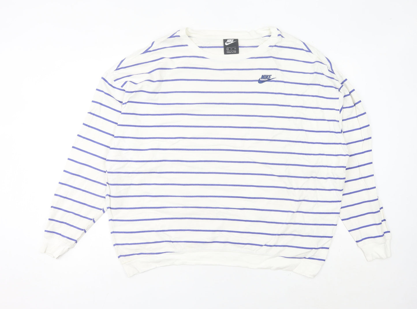 Nike Women White Striped Sweatshirt Size 16 UK Cotton Crew Neck