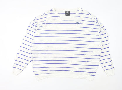 Nike Women White Striped Sweatshirt Size 16 UK Cotton Crew Neck