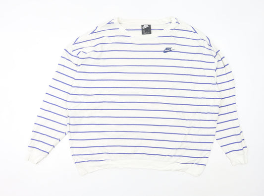 Nike Women White Striped Sweatshirt Size 16 UK Cotton Crew Neck