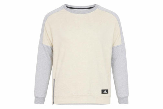 Front view of Adidas women’s grey beige sweatshirt, size UK 14, pullover raglan