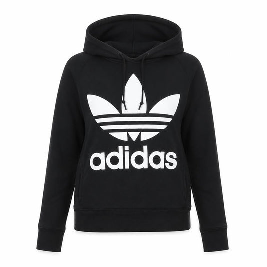 Front view of Adidas Women’s Black Trefoil Pullover Hoodie, size UK 10, Regular Fit