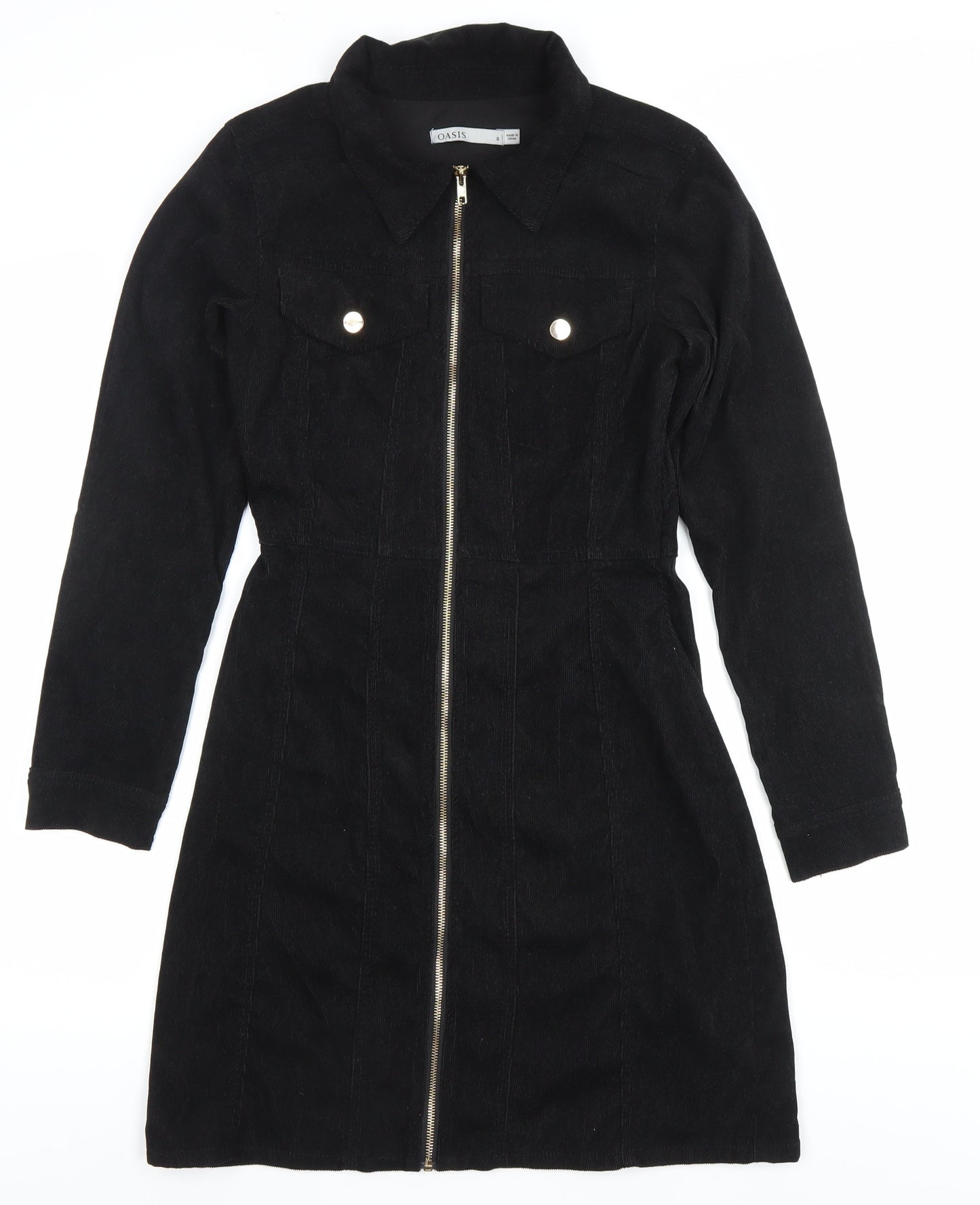Oasis Womens Black Corduroy Shirt Dress UK 8 Long Sleeve Zip
