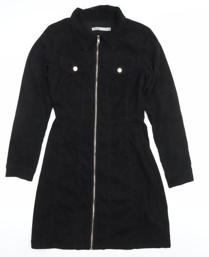Oasis Womens Black Corduroy Shirt Dress UK 8 Long Sleeve Zip