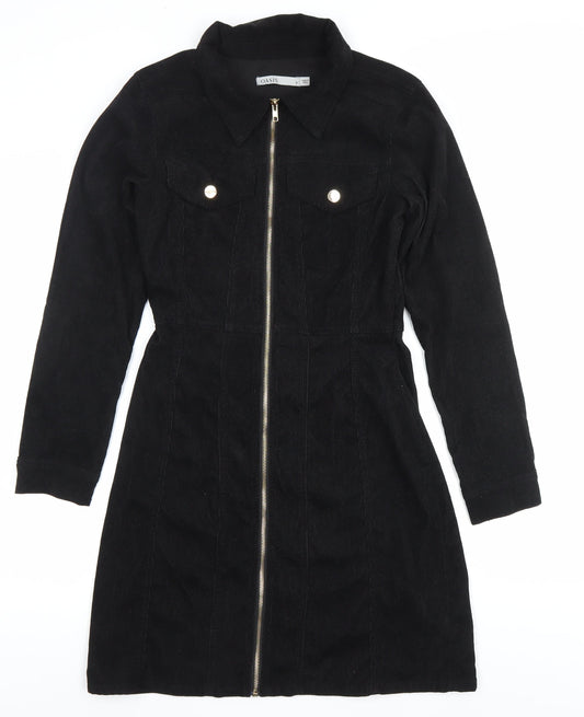 Oasis Womens Black Corduroy Shirt Dress UK 8 Long Sleeve Zip