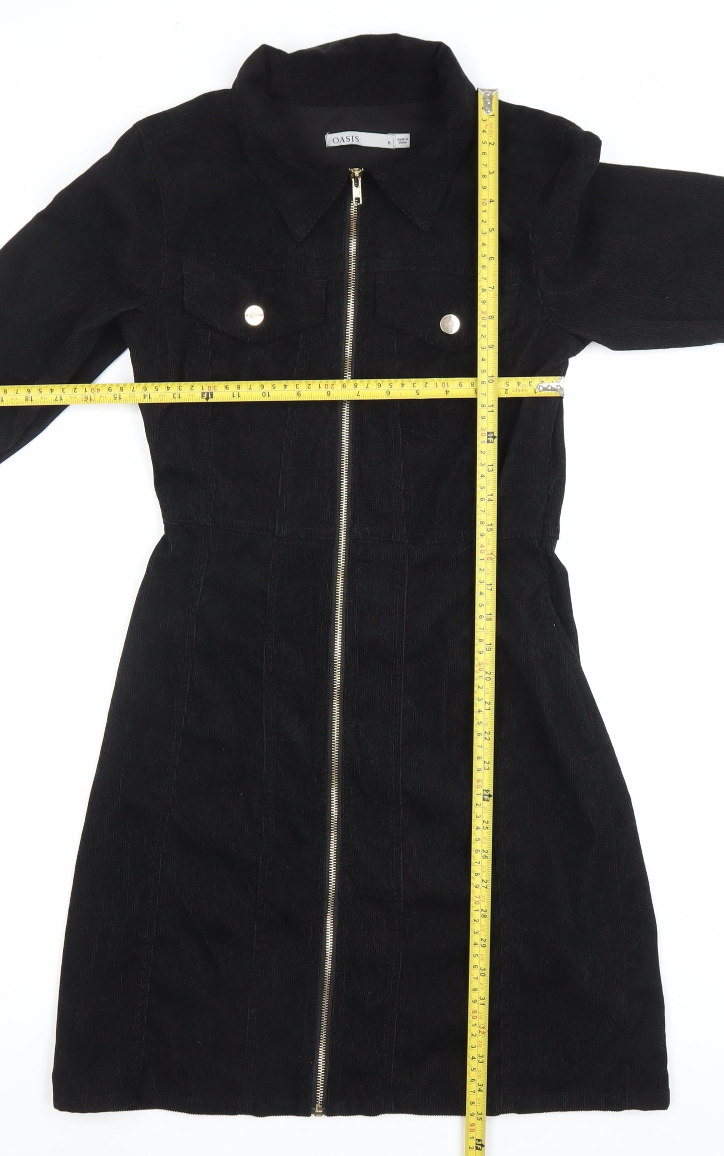 Oasis Womens Black Corduroy Shirt Dress UK 8 Long Sleeve Zip