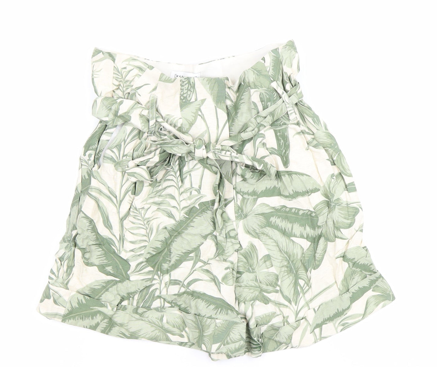 Warehouse Women’s Green Paperbag Shorts Size 8 Tropical Print Linen