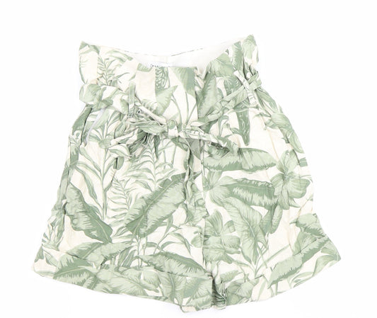 Warehouse Women’s Green Paperbag Shorts Size 8 Tropical Print Linen