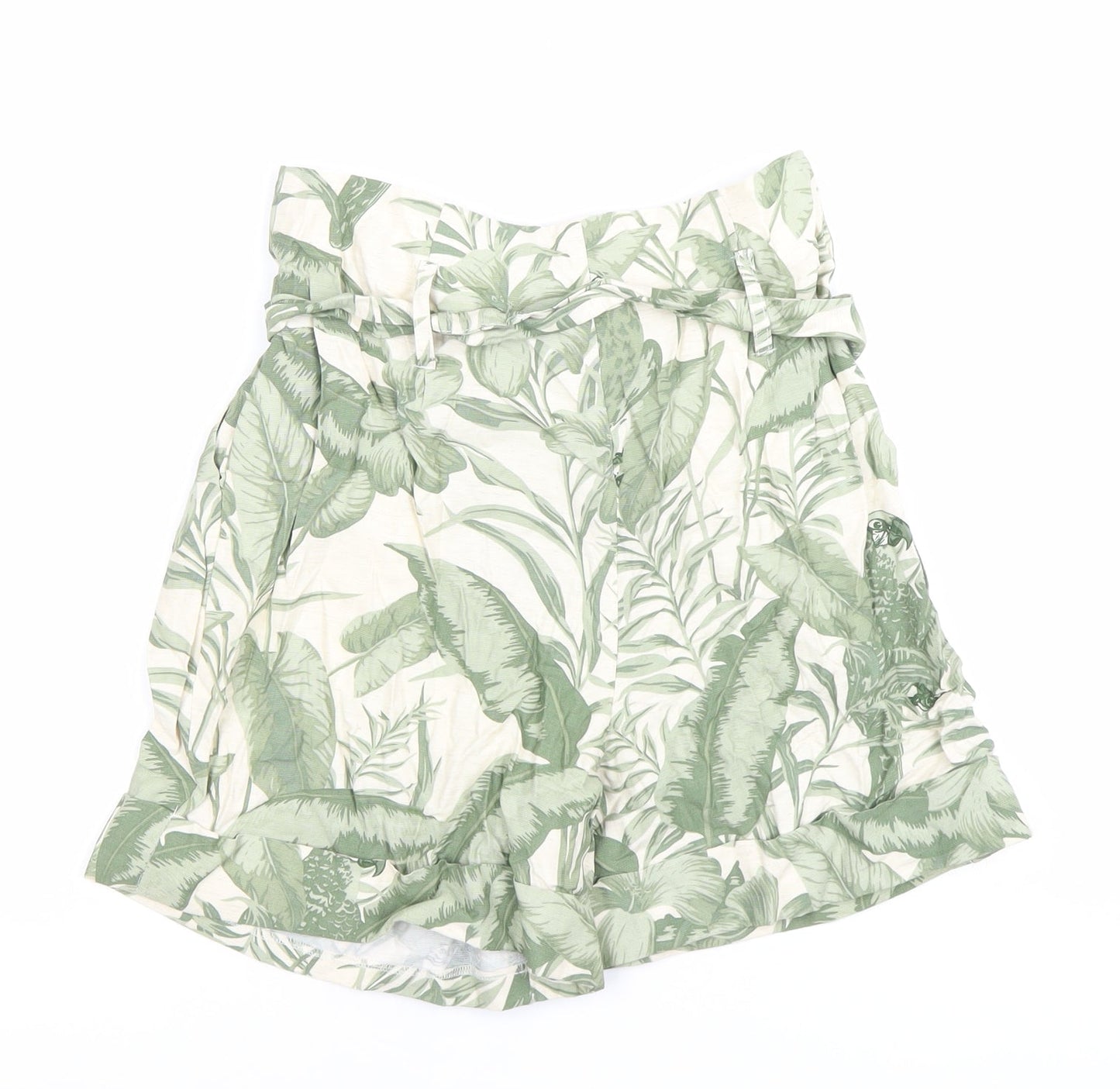 Warehouse Women’s Green Paperbag Shorts Size 8 Tropical Print Linen