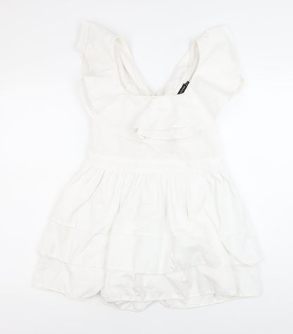 PrettyLittleThing Women’s White Skater Dress Size 10 Ruffle Tie