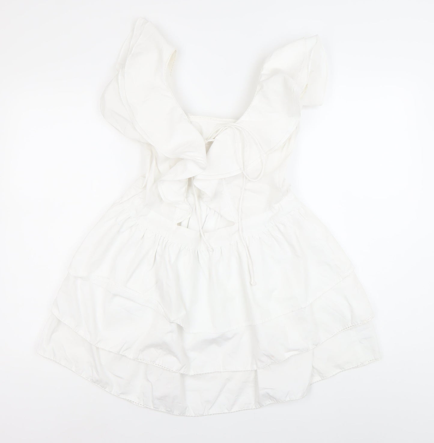 PrettyLittleThing Women’s White Skater Dress Size 10 Ruffle Tie