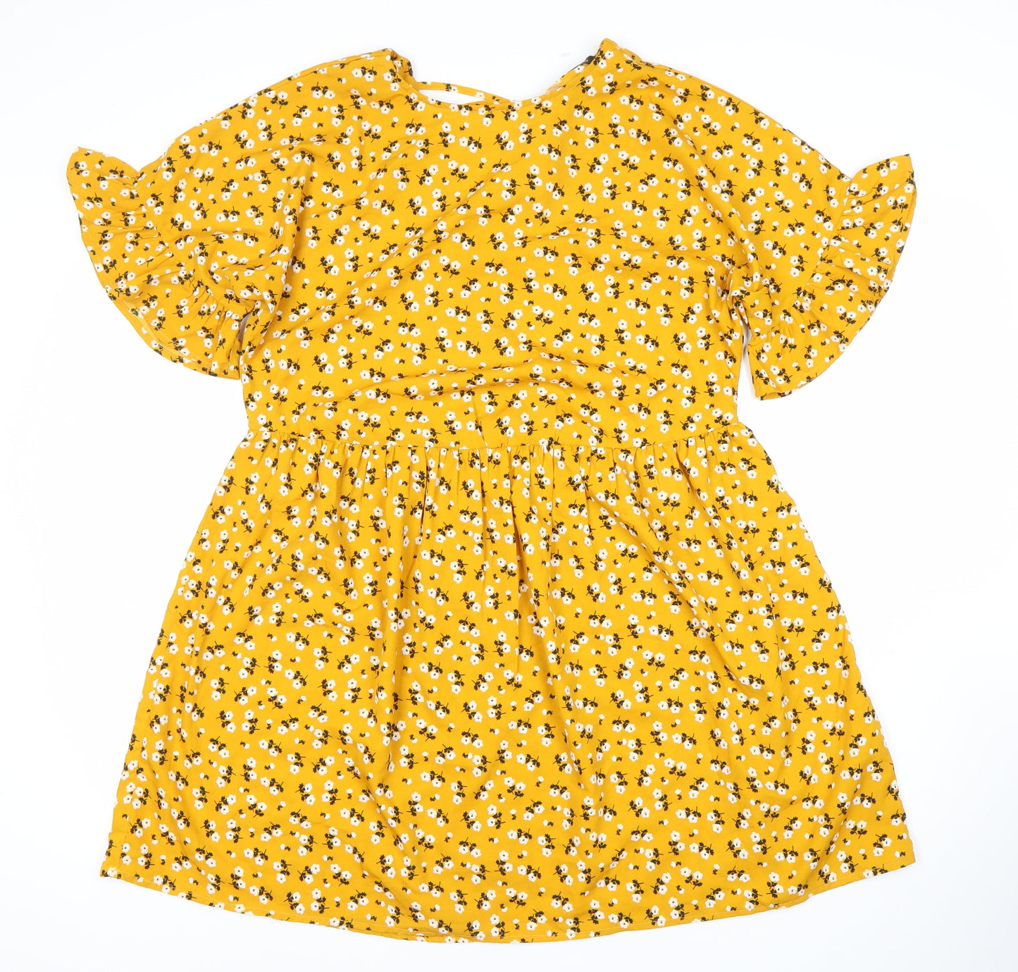 Boohoo Women’s Yellow Floral Skater Dress Size 12 V-Neck Ruffle Sleeve