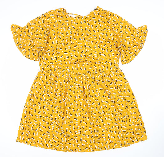 Boohoo Women’s Yellow Floral Skater Dress Size 12 V-Neck Ruffle Sleeve