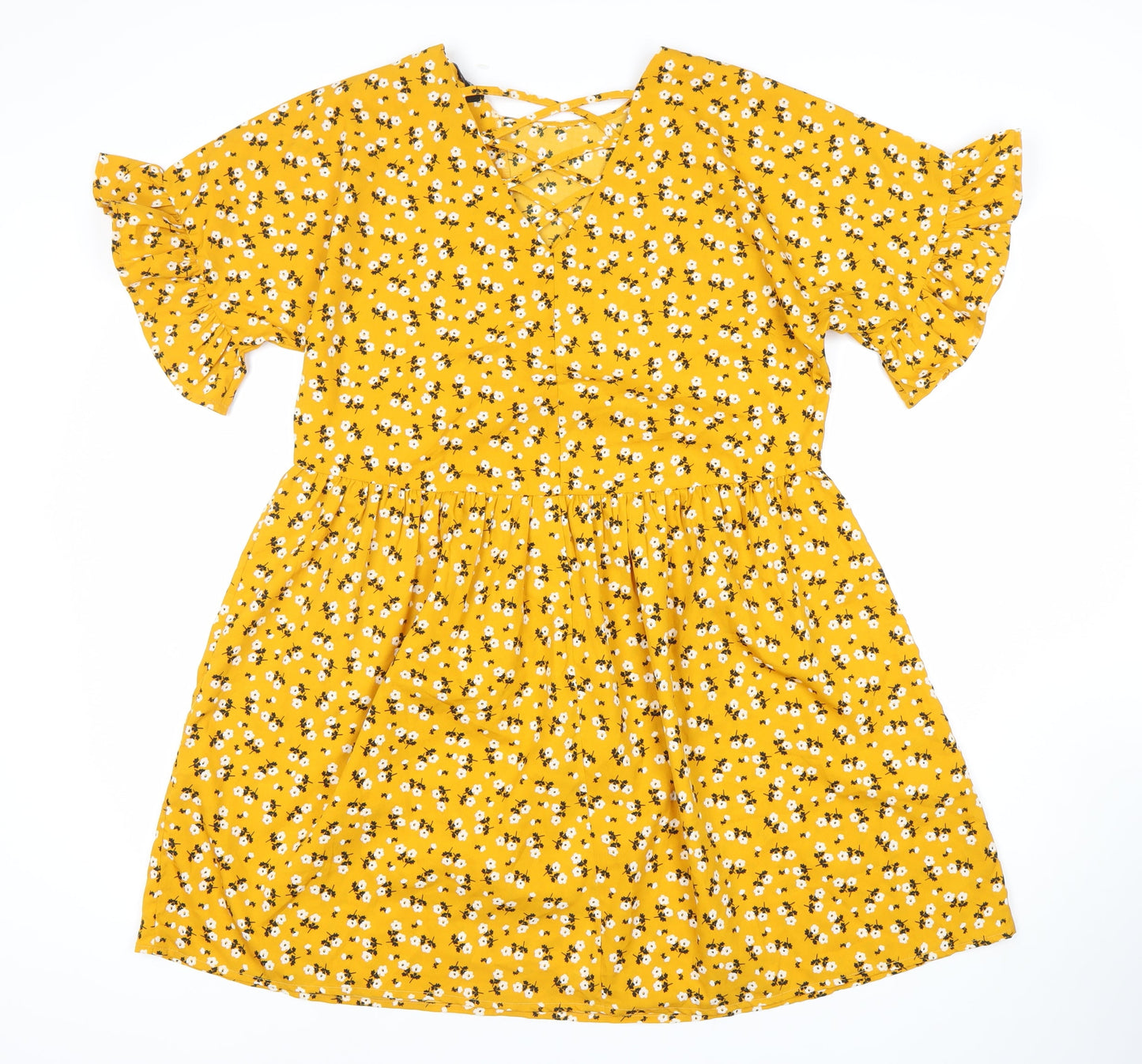 Boohoo Women’s Yellow Floral Skater Dress Size 12 V-Neck Ruffle Sleeve