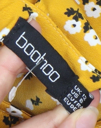 Boohoo Women’s Yellow Floral Skater Dress Size 12 V-Neck Ruffle Sleeve