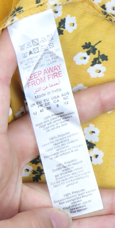 Boohoo Women’s Yellow Floral Skater Dress Size 12 V-Neck Ruffle Sleeve