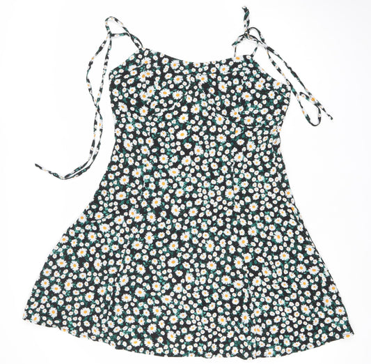 Boohoo Womens Black Floral Daisy Print Mini Slip Dress Size 16