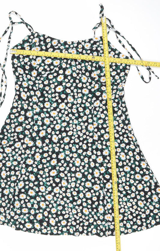 Boohoo Womens Black Floral Daisy Print Mini Slip Dress Size 16