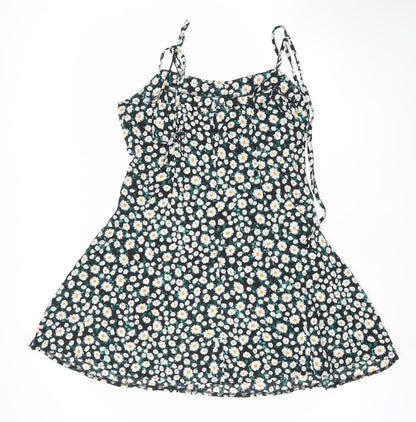Boohoo Womens Black Floral Daisy Print Mini Slip Dress Size 16