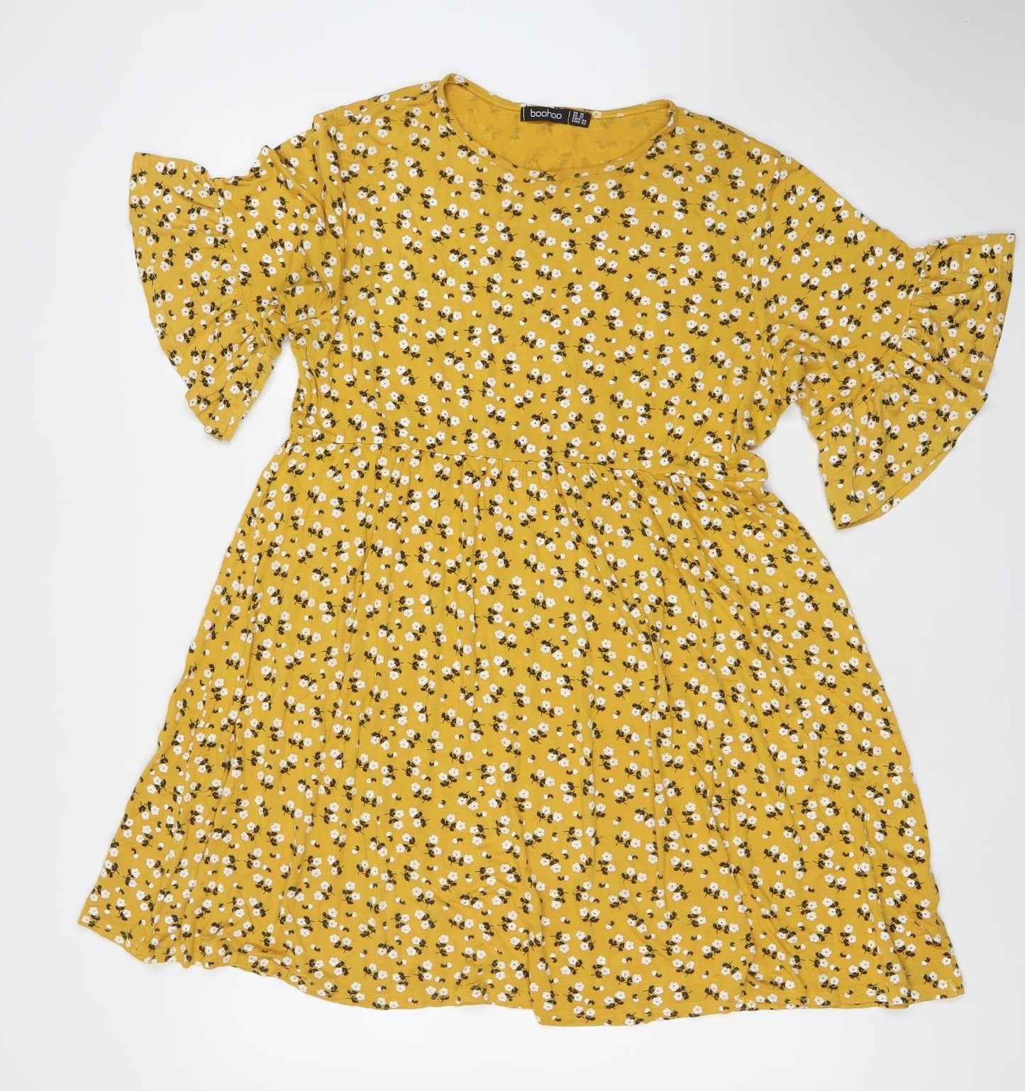 Boohoo Women’s Yellow Floral Skater Dress UK 16 Round Neck Short Sleeve
