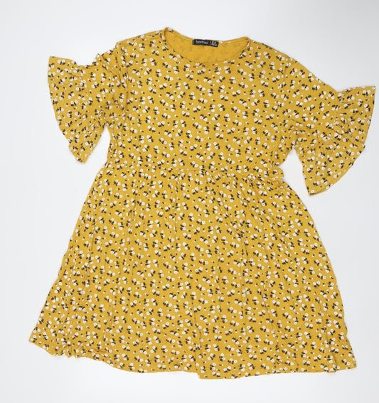 Boohoo Women’s Yellow Floral Skater Dress UK 16 Round Neck Short Sleeve