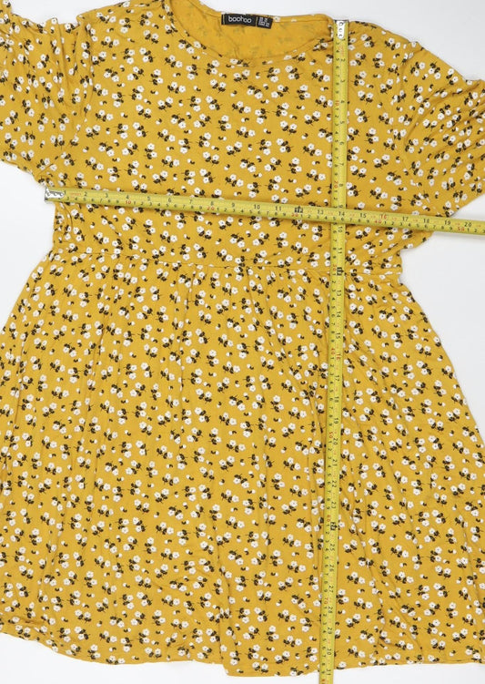 Boohoo Women’s Yellow Floral Skater Dress UK 16 Round Neck Short Sleeve