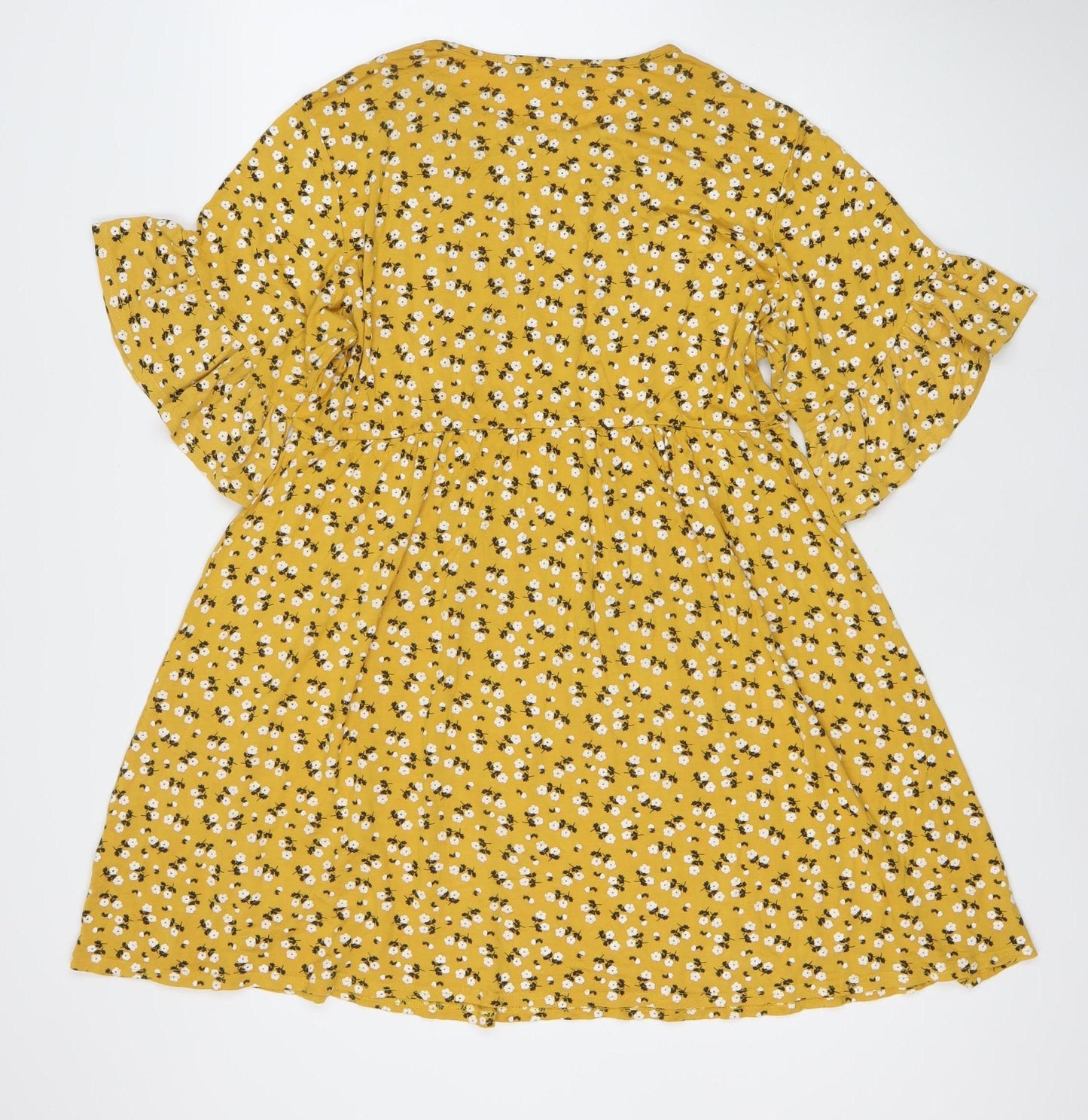 Boohoo Women’s Yellow Floral Skater Dress UK 16 Round Neck Short Sleeve