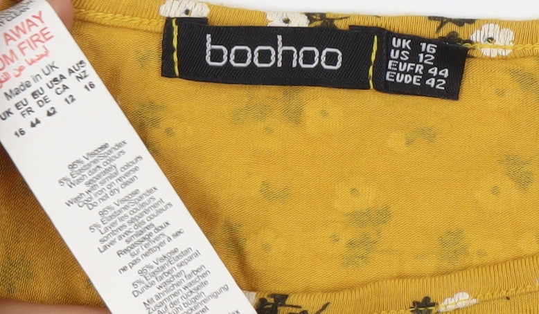 Boohoo Women’s Yellow Floral Skater Dress UK 16 Round Neck Short Sleeve