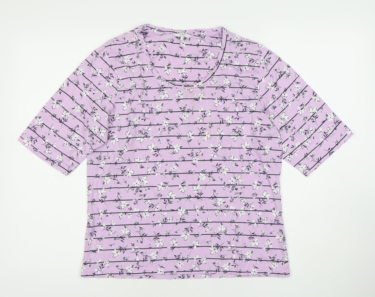 Cotton Traders Women’s Purple Floral Striped Scoop Neck T-Shirt Size 16