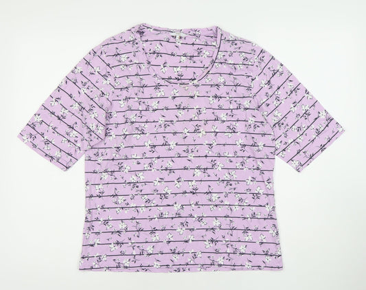 Cotton Traders Women’s Purple Floral Striped Scoop Neck T-Shirt Size 16