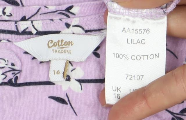 Cotton Traders Women’s Purple Floral Striped Scoop Neck T-Shirt Size 16
