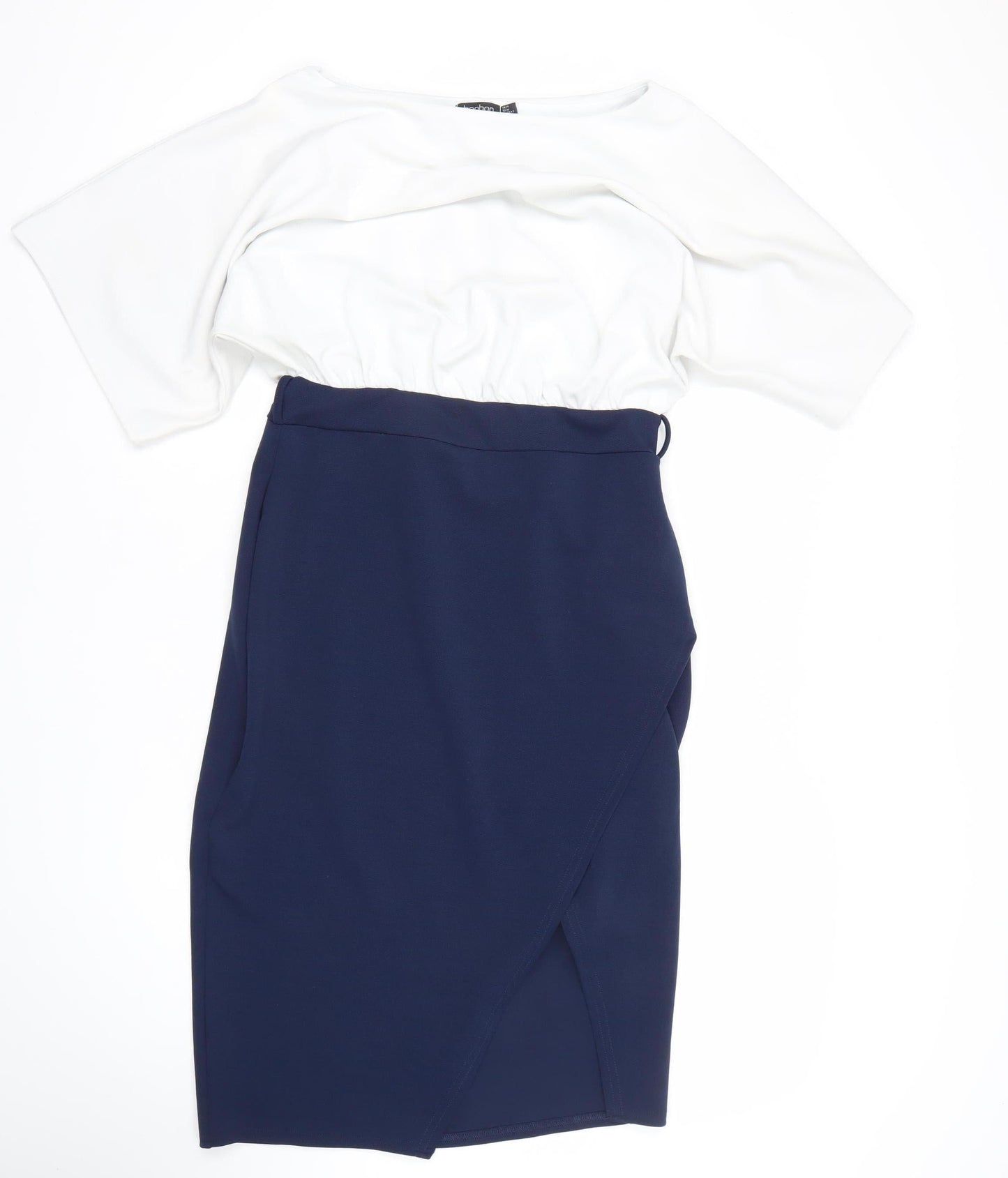 Boohoo Women’s White & Navy Bodycon Off Shoulder Dress Size 14