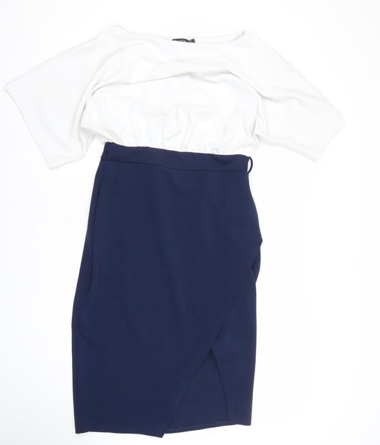 Boohoo Women’s White & Navy Bodycon Off Shoulder Dress Size 14