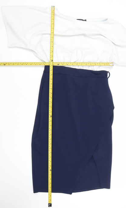 Boohoo Women’s White & Navy Bodycon Off Shoulder Dress Size 14