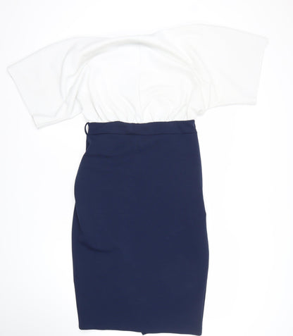 Boohoo Women’s White & Navy Bodycon Off Shoulder Dress Size 14